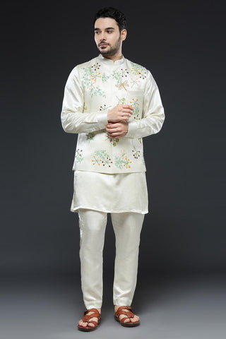 Ivory linen tissue vest with paired with kurta and slim pant