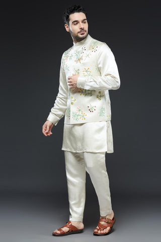 Ivory linen tissue vest with paired with kurta and slim pant