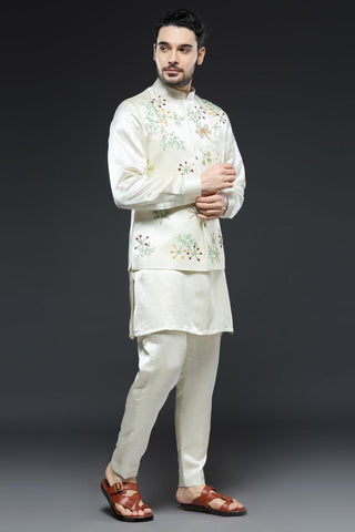 Ivory linen tissue vest with paired with kurta and slim pant