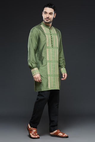 Mehendi green cotton silk kurta with black slim pant set