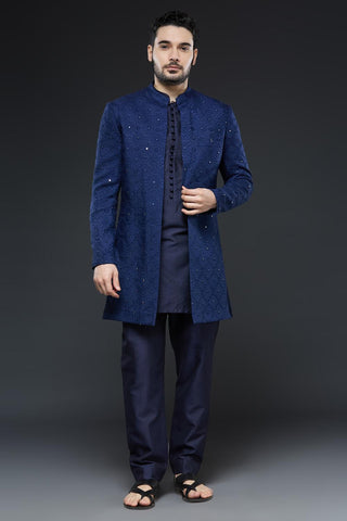 Navy blue sherwani open jacket set with navy blue kurta and slim pant set