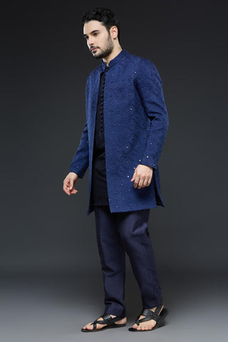 Navy blue sherwani open jacket set with navy blue kurta and slim pant set