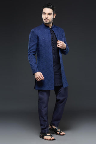 Navy blue sherwani open jacket set with navy blue kurta and slim pant set