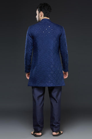 Navy blue sherwani open jacket set with navy blue kurta and slim pant set