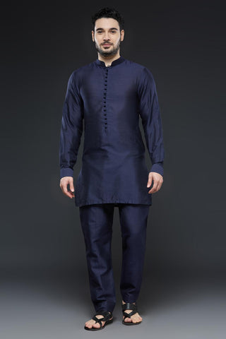 Navy blue sherwani open jacket set with navy blue kurta and slim pant set