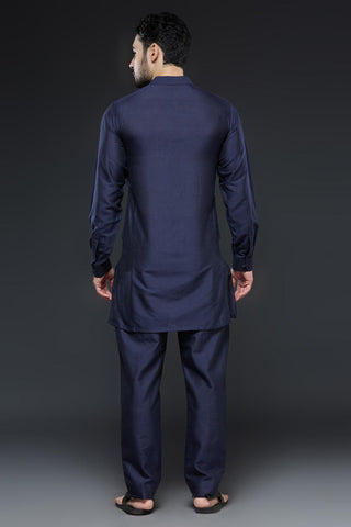 Navy blue sherwani open jacket set with navy blue kurta and slim pant set