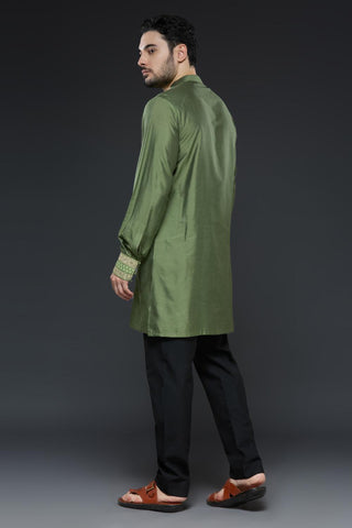 Mehendi green cotton silk kurta with black slim pant set