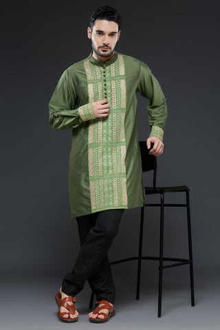 Mehendi green cotton silk kurta with black slim pant set