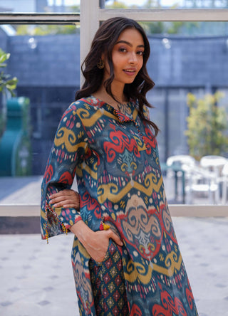 Multicolor Ikat printed kurta with pants