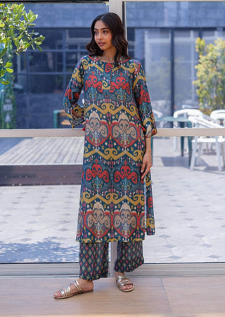 Multicolor Ikat printed kurta with pants