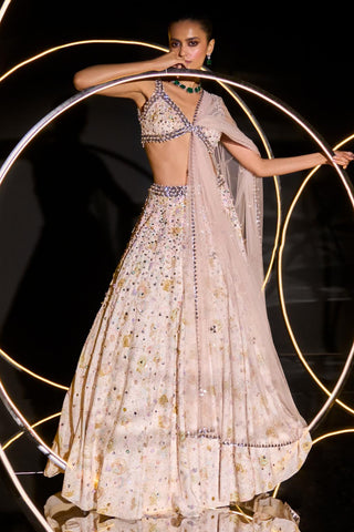 Ivory poudre multicolored elara crystal-pearl lehenga set