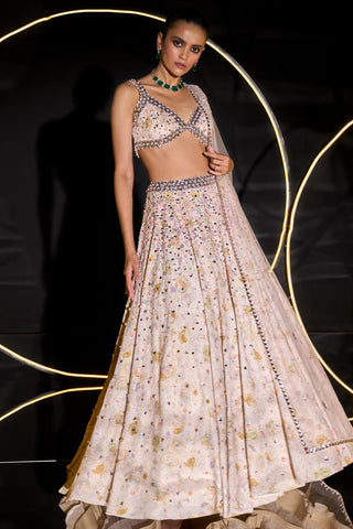 Ivory poudre multicolored elara crystal-pearl lehenga set