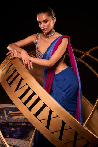 Electric blue and magenta ombre eloise pre-draped saree