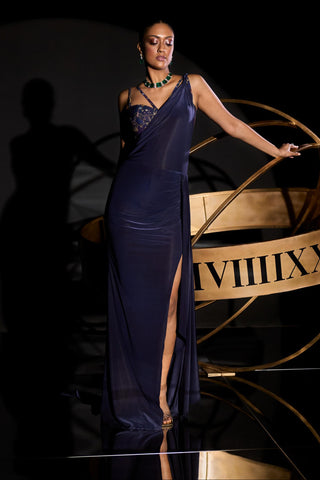 Navy multicolored bellatrix corset sari gown