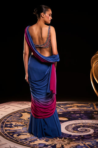 Electric blue and magenta ombre eloise pre-draped saree