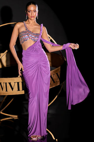 Purple multicolored merak pre-draped saree