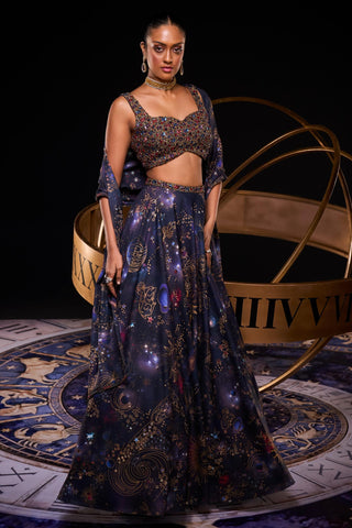 Navy multicolored galaxy printed jewel lehenga set