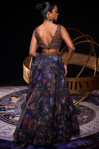 Navy multicolored galaxy printed jewel lehenga set