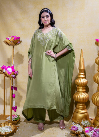 Olive asymmetric embroidered kurta and pant