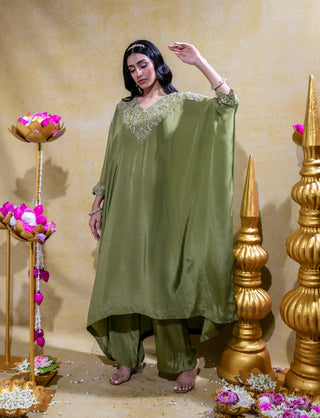 Olive asymmetric embroidered kurta and pant