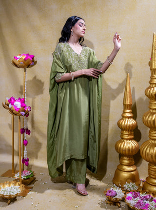 Olive asymmetric embroidered kurta and pant