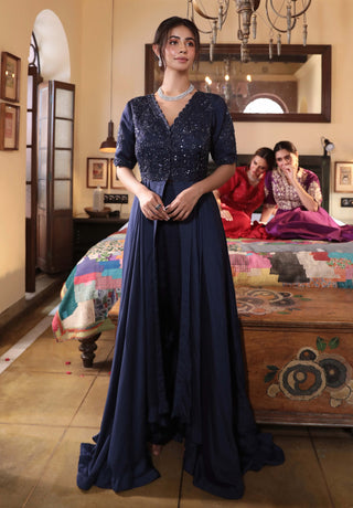 Navy embroidered tunic gown and bottoms