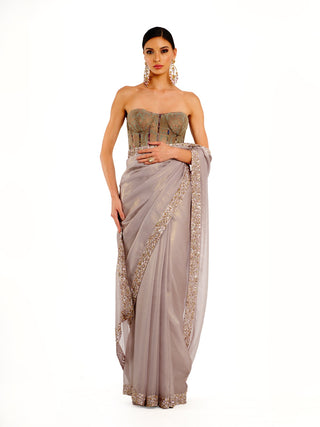 Gray gold shimmer corset saree set