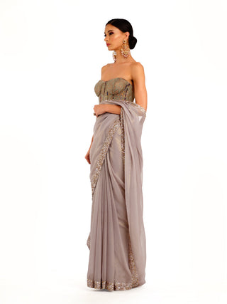 Gray gold shimmer corset saree set