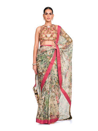 Multicolor printed organza saree set