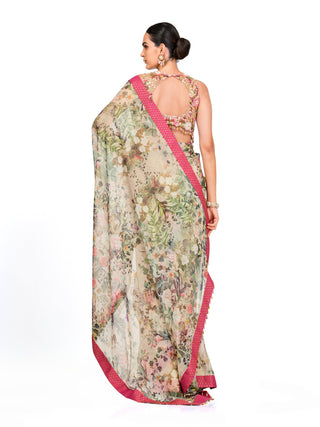 Multicolor printed organza saree set