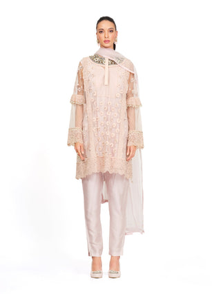 Pink ivory jewelled embroidered tunic set