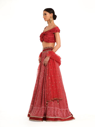 Deep red raw silk lehenga set