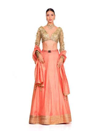 Peach gold full sleeved lehenga set