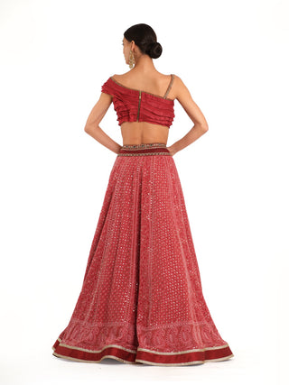 Deep red raw silk lehenga set