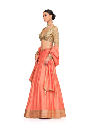 Peach gold full sleeved lehenga set