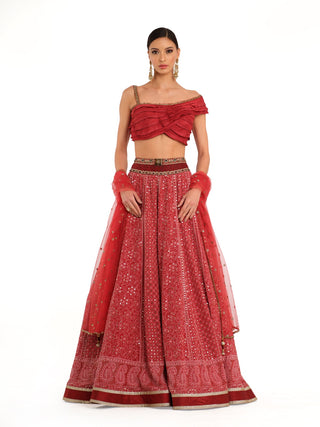 Deep red raw silk lehenga set