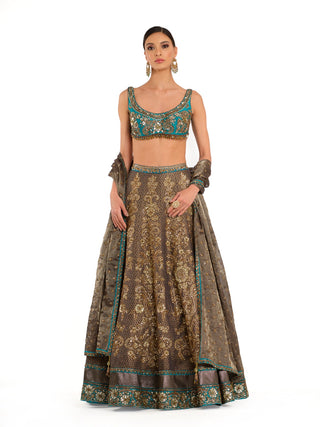 Teal blue brocade lehenga set