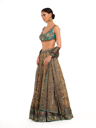 Teal blue brocade lehenga set