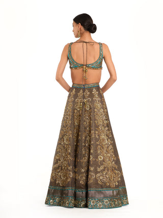 Teal blue brocade lehenga set