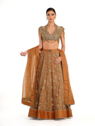 Rust orange tissue lehenga set