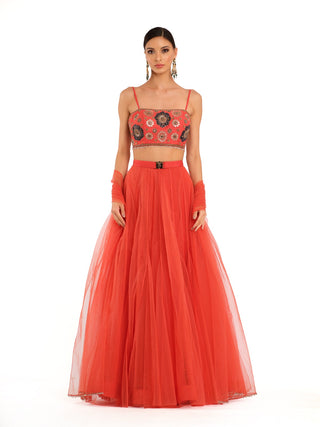 Crimson red tulle lehenga set