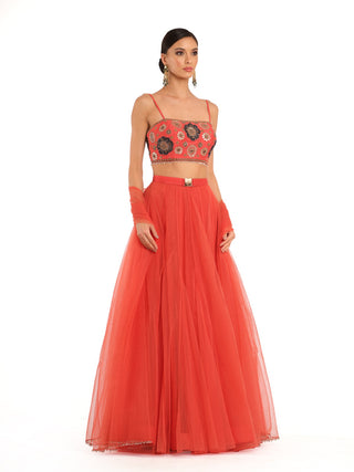 Crimson red tulle lehenga set