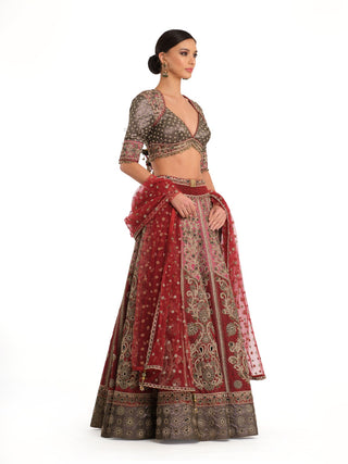 Deep red embroidered lehenga set