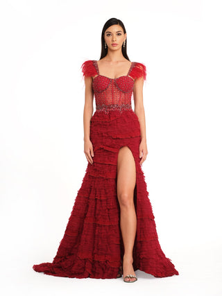 Deep red slit embroidered gown