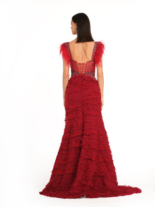 Deep red slit embroidered gown