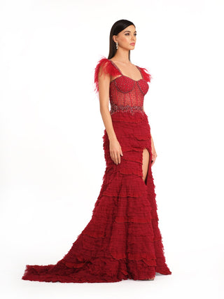 Deep red slit embroidered gown