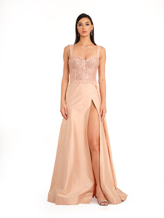 Crayola peach embroidered slit gown