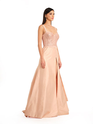 Crayola peach embroidered slit gown