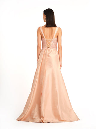 Crayola peach embroidered slit gown