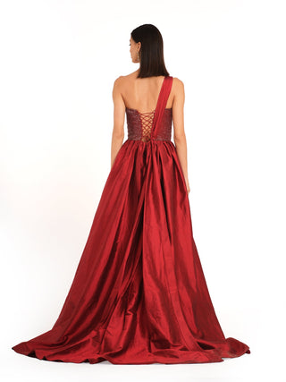 Red embroidered corset gown